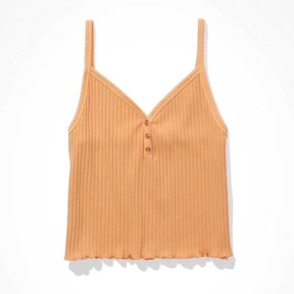 American Eagle Peach Ribbed Henley Crop Cami